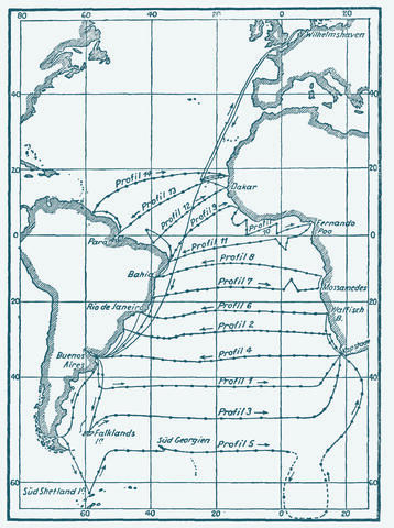 Reiseplan der Deutschen Atlantischen Expedition (Foto: gemeinfrei/[A. Merz - F. Spieß: Die Meteor-Fahrt](https://de.wikipedia.org/wiki/Deutsche_Atlantische_Expedition#/media/Datei:DAE_Reiseplan_orig.jpg)